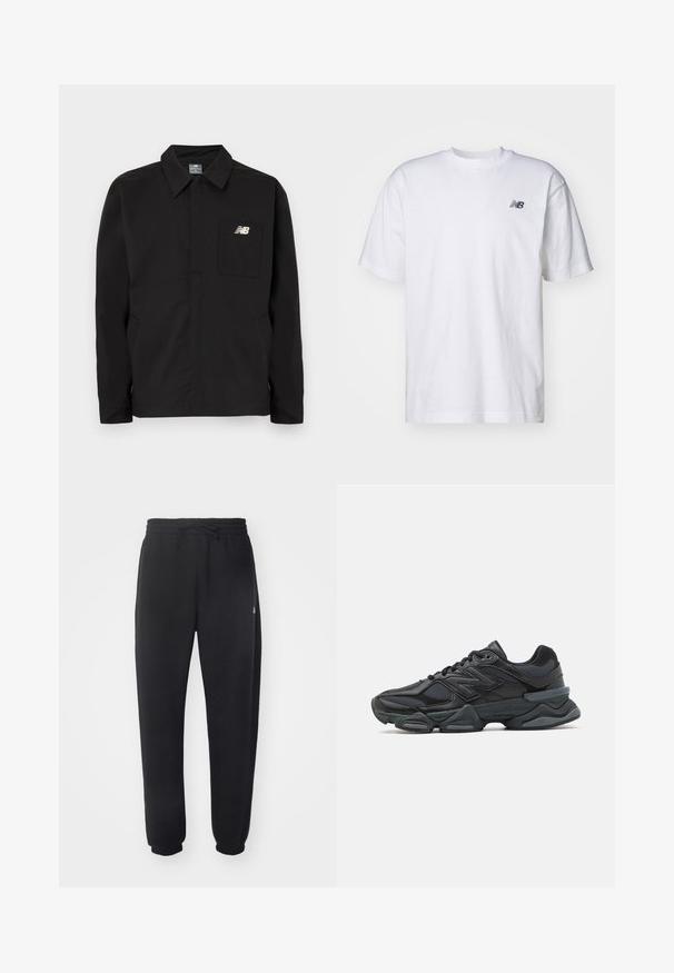 Črn najlon jopič s ovratnikom, ki ima žep na prsih in logotip New Balance. Gladka tekstura in ravna kroja.; Bela kratka majica s kratkimi rokavi in ovratnikom, na kateri je majhen črni logotip New Balance na levem prsnem delu, na enobarvni podlagi.; Črne trenirke iz mehkega materiala z elastičnim pasom, vrvico in zoženimi manšetami, ki vsebujejo subtilen logotip na strani.; Črne tekaške superge, ki združujejo mrežaste in sintetične materiale, imajo debel podplat, ukrivljen oblikovni slog ter izrazito blagovno znamko na strani.