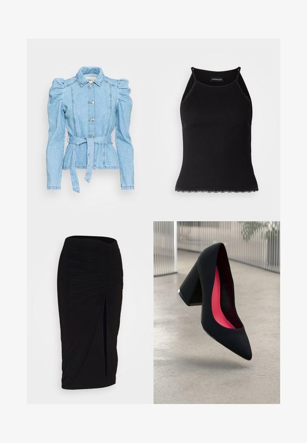 Lys blå denimjakke med puffermer, belte i midjen, fem knapper og en strukturert krage. Har detaljerte sømmer og en tettsittende passform.; Svart ribbet tanktopp med scallop lace detaljer i kanten. Har tynne stropper og en kroppsnær design. Laget av elastisk stoff.; Svart, rynket blyantskjørt med knyting og sidelits. Laget av et elastisk stoff, med en glatt tekstur og en kroppsnær passform.; Svart høye hæler med spiss tå, teksturert overflate og en livlig rosa innside. Har en kraftig hæl med sølvdetaljer.
