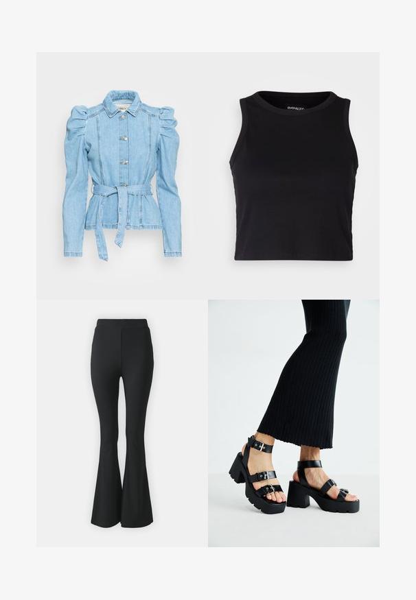 Lys blå denimjakke med puffermer, belte i midjen, fem knapper og en strukturert krage. Har detaljerte sømmer og en tettsittende passform.; Svart ribbet crop tank top med rund halslinning og ermeless design. Laget av myk, elastisk stoff med rene, kantede kanter.; Svarte vide bukser laget av elastisk stoff. Har høy midje og en glatt, tettsittende design som vidder ut fra kneet og nedover.; Sorte plattformsandaletter med kraftige såler og flere stropper, med metallspenner og en jevn lær-lignende tekstur.