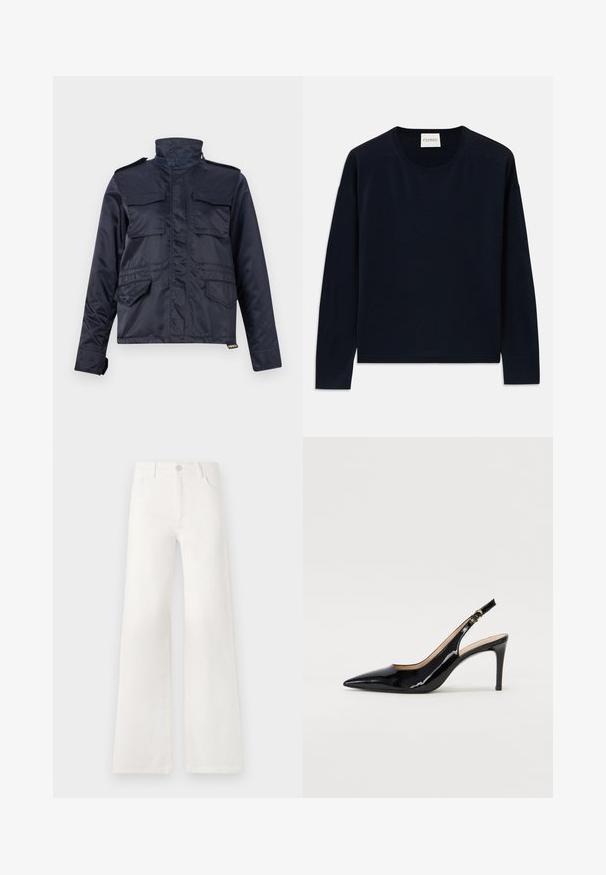 Tumesinine, veekindel jope kõrge kraega, kaheteistkümne rinna tasku ja kahe küljetaskuga; omab lukuga esiosa ja takjapaelu.; Tumesin pikkade varrukatega ümar kaelusega topp pehmest ja siledast kangast, mis on mugava lõikega. Omab soonikuid mansetil ja servas, silt kaela piirkonnas.; Valged, kõrge vöökohaga laiad teksad, mis on valmistatud denimist. Omab nupuga sulgemist, kahte esimest taskut ja külgede õmbluste detailseid õmblusi.; Must hõbedavärvi patendiga slingback kontsakingad terava varbaga, kitsas konts ja peene lõikega disain. Statistika on kuldne pandla rihmal.