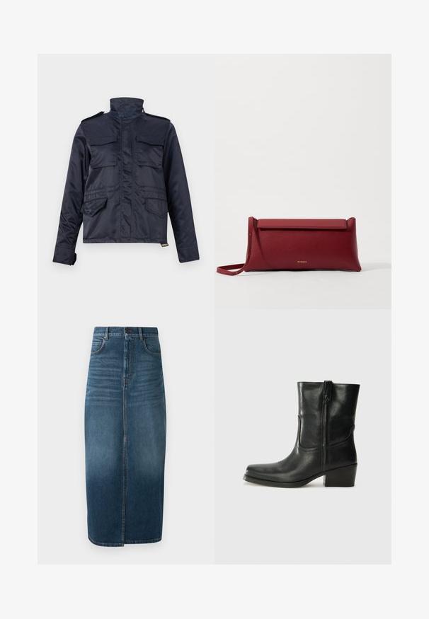Navy blue, water-resistant jacket with a high collar, two chest pockets, and two side pockets; features a zip front and velcro accents.; White short-sleeve blouse featuring blue floral embroidery, a round neckline, and intricate patterns along the front and sleeves.; Denim midi skirt in dark indigo, featuring a front split and slight fade. Classic five-pocket design with metal button closure.; Black leather ankle boot with a rounded toe, block heel, side zipper, and stitching accents on the vamp. Smooth texture, classic design.; Red leather clutch bag with a textured finish, featuring a flat fold-over top and a short strap. Subtle brand logo on the front.