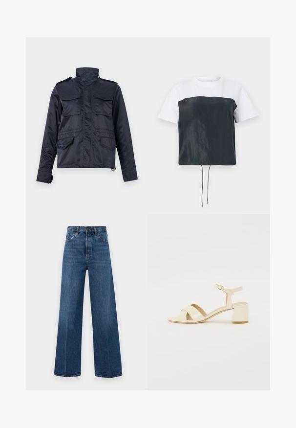 Navy blue, water-resistant jacket with a high collar, two chest pockets, and two side pockets; features a zip front and velcro accents.; Short-sleeve cropped T-shirt featuring a white cotton upper and a dark gray, glossy polyester lower with an adjustable drawstring hem.; Wide-leg blue jeans made of denim with a high waist, front pockets, and contrast stitching. The fabric has a smooth texture.; Beige patent leather heeled sandals with cross strap design, open toe, adjustable ankle strap, and a block heel. Smooth texture.