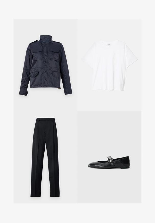 Sötétkék, vízálló dzseki magas gallérral, két mellzsebbel és két oldalzsebbel; elülső cipzárral és tépőzáras részletekkel felszerelt.; Fehér pamut póló rövid ujjal, kerek nyakkivágással, laza fazonnal és varrott szegéllyel. Címke látható a belső nyakrészén.; Fekete nadrág sima anyagból, magas derékkal, széles lábakkal, elülső redőkkel és klasszikus övhurkokkal. Oldalzsebek nem láthatók.; Fekete bőr balettcipők, hegyes orral, kör alakú fémbújtatóval ellátott pánttal és lapos talppal.