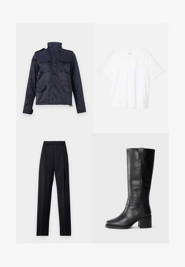 Navy blue, water-resistant jacket with a high collar, two chest pockets, and two side pockets; features a zip front and velcro accents.; White cotton t-shirt with short sleeves, round neckline, relaxed fit, and stitched hem. Label visible on the inside neck.; Black trousers made from smooth fabric featuring a high waist, wide legs, front pleats, and classic belt loops. No side pockets visible.; Black leather knee-high boots with a smooth texture, square toe, block heel, and side pull tab, featuring minimal stitching details.