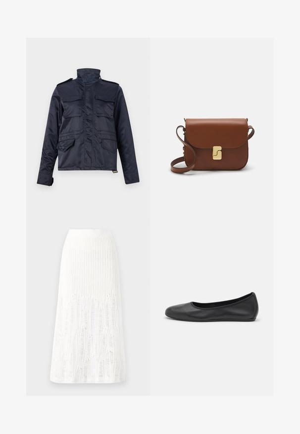 Marineblaue, wasserabweisende Jacke mit hochgeschlossenem Kragen, zwei Brusttaschen und zwei Seitentaschen; verfügt über einen Reißverschluss und Klettverschlüsse.; Weißes kurzärmliges T-Shirt aus geripptem Stoff. Runder Halsausschnitt, normale Passform und dezente Nähte. Keine Muster oder Grafiken.; Gestreifte weiße Midi-Rock aus Strick mit einem strukturierten Muster und Ausschnitten am Saum. Elastischer Bund. Weiches Material.; Schwarze Leder-Ballettschuhe mit abgerundeter Spitze, glatter Textur, minimalen Nähdetails und einem flexiblen Sohlen-Design.; Braune Ledertasche mit Klappenverschluss, Beschlägen in Goldfarbe, einem Schultergurt und einer glatten Oberfläche. Kompakte rechteckige Form.