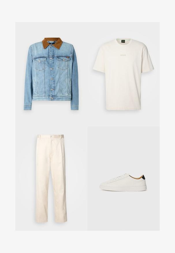 Světle modrá džínsová bunda s hnědým kordovým límcem, dvěma náprsními kapsami, knoflíkovým zapínáním a dlouhými rukávy. Mírně vybledlá textura.; BOSS TEE - Jednoduché tričko - open white; Bežové bavlněné kalhoty se střihy rovného nohavice, s knoflíkovým zapínáním a záhyby vpředu pro zvýraznění detailu.; Bílá teniska s hladkým koženým svrškem, kulatou špičkou a plochou podrážkou. Černý akcent na patě, se tónovými tkaničkami a minimalistickým logem.
