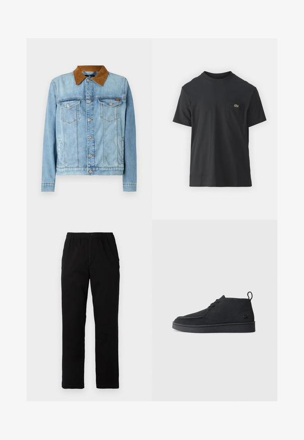 Light blue denim jacket with a brown corduroy collar, two chest pockets, button closure, and long sleeves. Slightly faded texture.; Black cotton t-shirt with short sleeves, round neckline, and a small green logo on the left chest pocket. Simple design, regular fit.; Black pants made of cotton blend fabric, featuring a straight cut, elastic waistband with button, and no visible patterns or accents.; Black suede lace-up ankle boot with pull tab and textured sole, featuring small embossed crocodile logo on the side.