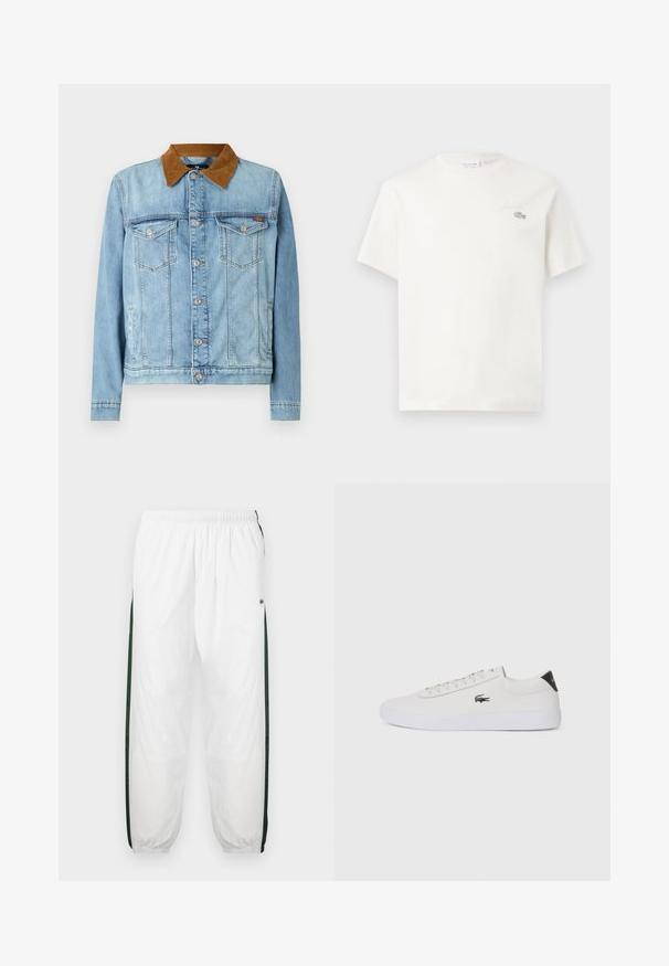 Light blue denim jacket with a brown corduroy collar, two chest pockets, button closure, and long sleeves. Slightly faded texture.; White cotton t-shirt with short sleeves, featuring a subtle embroidered logo and minimalistic design. Soft texture, crew neckline.; White track pants with dark green side panels. Lightweight material, elastic waistband, and cuffed hems. Features mesh texture on side panels.; White leather sneaker with round toe, lace-up front, and black heel accent. Features a small embroidered crocodile logo on the side.