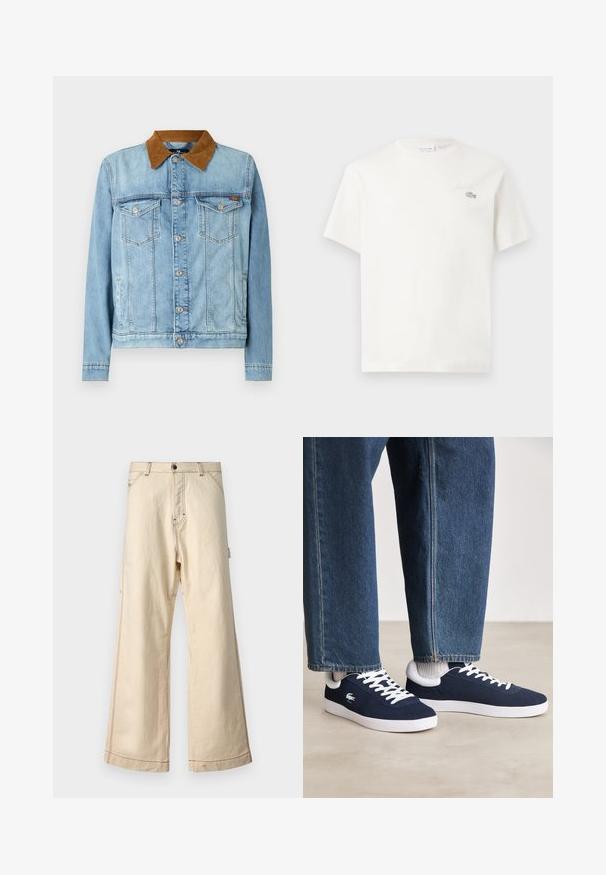 Gai zila džinsa jaka ar brūnu kordūrju apkakli, divām krūštura kabatām, pogu aizdari un garām piedurknēm. Nedaudz izbalējusi tekstūra.; Balts kokvilnas T-krekls ar īsām piedurknēm, kuram ir smalka izšūta logo un minimālisma dizains. Mīksta tekstūra, apaļa kakla izgriezums.; Bēša plaša kāju bikses, izgatavotas no kokvilnas, ar rāvējslēdzēju un pogu aizdari, ar kontrastējošām šuvēm un sānu kabatām.; Zili auduma sporta apavi ar baltām stīgām un gumijas zolēm, izlikti kopā ar džinsiem un pelēkām ribotām zeķēm, uz gaiši pelēka pamata.