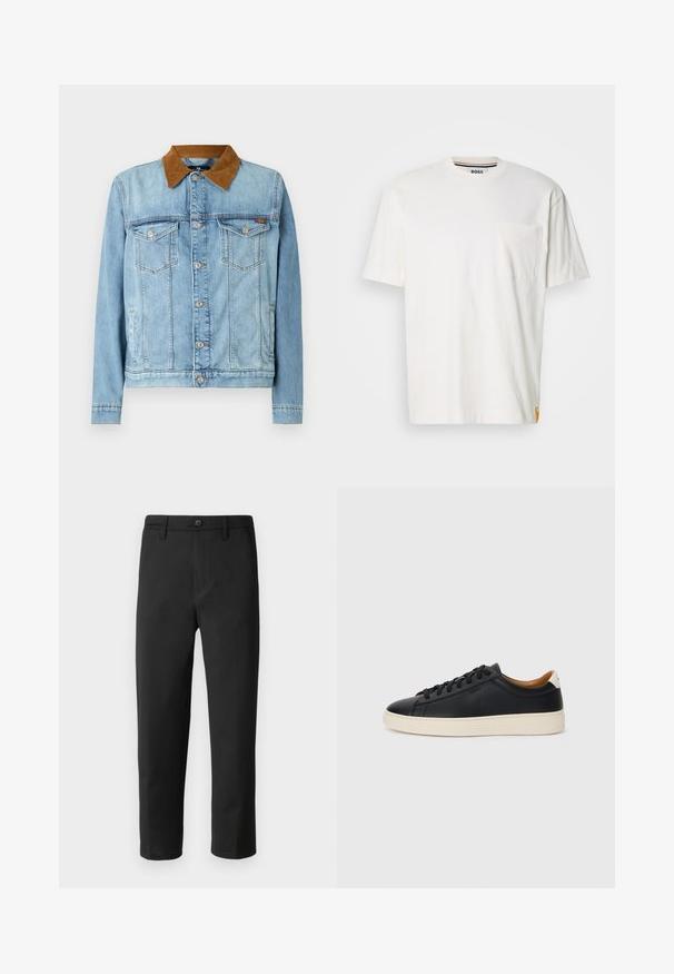 Vaaleansininen farkkutakki, jossa on ruskea samettikaulus, kaksi rintataskua, nappisuljenta ja pitkät hihat. Hieman haalistunut pinta.; Valkoinen puuvillapaita, jossa on pyöreä kaula-aukko, lyhyet hihat ja vasemmalla rintatasku. Paidan sivusaumassa on pieni logotägi.; Mustat suorat housut, valmistettu sileästä kankaasta. Varustettu nappisulkimella ja vyölenkeillä. Ei näkyviä kuvioita tai yksityiskohtia.; Mustat nahkasneakerit, joissa on sileä pinta, beige kumipohja, nauhakiinnitys ja erottuva kanta-aksentti.