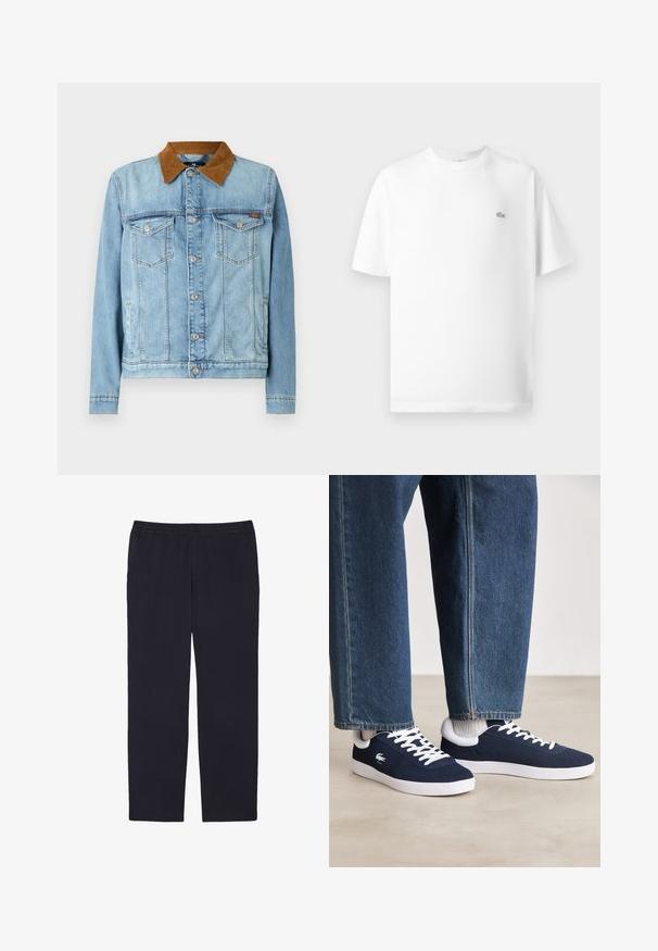 Jaqueta de ganga azul clara com um collor de sarja castanho, dois bolsos peitorais, fecho com botão e mangas compridas. Textura ligeiramente desbotada.; T-shirt branca de algodão com gola redonda e mangas curtas. Apresenta um pequeno logo preto da Lacoste no lado esquerdo do peito.; Lacoste Calças - bleu marine hde; Sapatilhas de tela azuis com atacadores brancos e solas de borracha, exibidas com calças de ganga e meios cinza canelados, sobre uma superfície cinza clara.