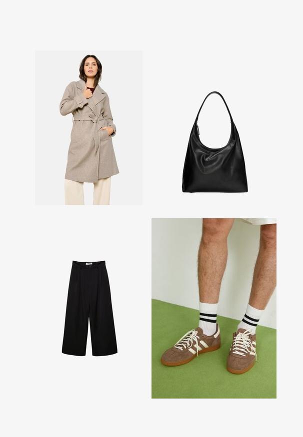 Beżowy płaszcz z pasek z kołnierzem, dwiema przednimi kieszeniami i teksturowanym materiałem. Nosi się na ciemnej bluzce, z długimi rękawami.; Jasny sweter z podwyższonym kołnierzem i długim rękawem, wykonany z miękkiego materiału, dopasowany krój, gładka faktura, noszony z ciemnoniebieskimi dżinsami.; Czarne spodnie szerokie nogawki z wysokim stanem, z plisowanym przodem i zapięciem na guzik. Wykonane z gładkiego materiału o dopasowanym kroju.; Brązowe zamszowe sneakersy z białymi akcentami i sznurówkami. Gumowa, brązowa podeszwa. Noszone z białymi skarpetkami w czarne paski. Zielona teksturowana podłoga.; Czarna skórzana torebka hobo o zakrzywionym, miękkim kształcie i pojedynczym pasku na ramię. Posiada zamek błyskawiczny oraz gładką, błyszczącą fakturę.