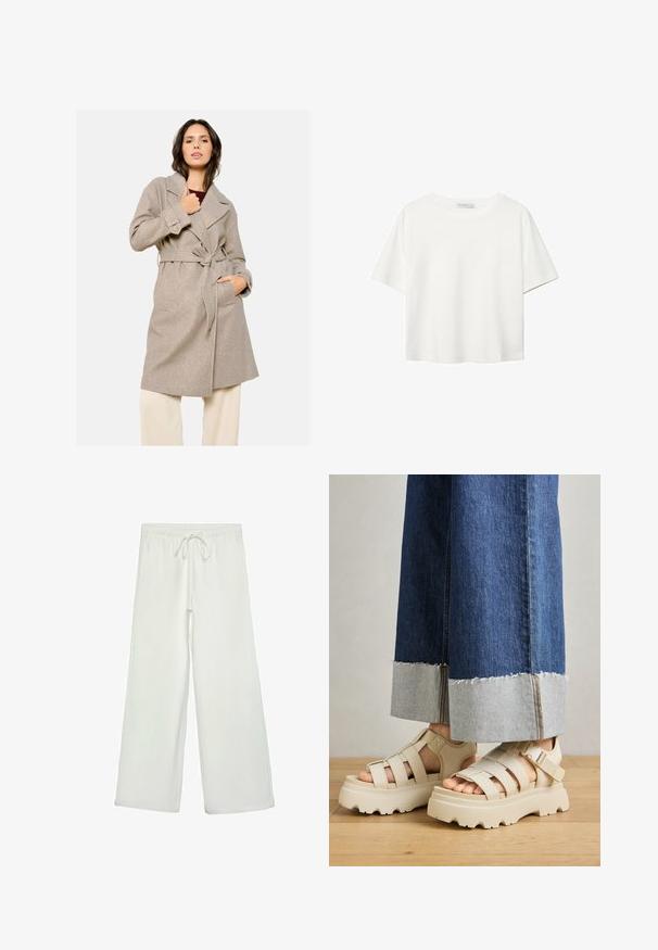 Béžový kabát s opaskom, ktorý má límec, dve predné vrecká a textúrovanú tkaninu. Nosený na tmavom topi s dlhými rukávmi.; Biela krátkopsová tričko vyrobené z bavlny. Má okrúhly výstrih a voľný strih. Hladká textúra bez viditeľných vzorov alebo akcentov.; Biele nohavice s širokými nohavicami vyrobené z mäkkej tkaniny. Majú elastický pás s šnúrkou a hladký povrch. Žiadne viditeľné vzory ani kovania.; Béžové platformové sandále s hrubými podrážkami majú pruhovaný dizajn a nastaviteľné popruhy okolo členka. Nosené sú s džínsovými nohavicami s širokými nohavicami, pri ktorých je jeden lem rozstrapkaný.