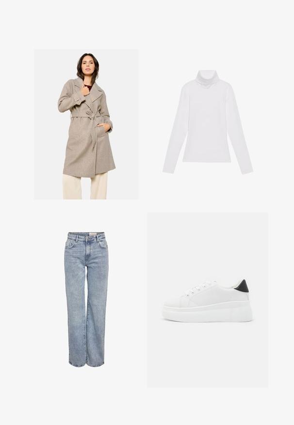 Beidzīgs belts piekārts mētelis ar uzmavas apkakli, divām priekšējām kabatām un teksturētu audumu. Valkāts virs tumša topa ar garām piedurknēm.; Balts garie piedurknēm turtlenecks krekls, izgatavots no gludas, elastīgas auduma. Iezīmē augstu apkakli un pielāgotu dizainu, bez redzamām rakstainām vai rotājumiem.; Gaiši zili platlapu džinsi, izgatavoti no denima, ar augstu jostasvietu, piecu kabatu dizainu un vieglu nolietojuma efektu.; Baltas platforma kedas, izgatavotas no gludas sintētiskas vielas, ar noapaļotu purngalu, saites dizainu un teksturētu gumijas zoli. Melna papēža akcenta detaļa.