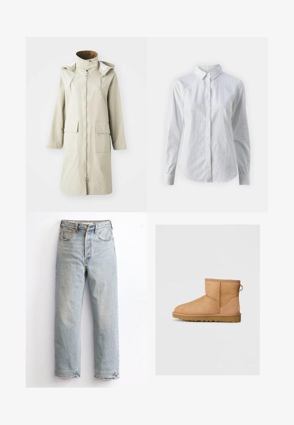 Casaco impermeável bege claro com colarinho alto, fecho frontal, dois bolsos grandes à frente, capuz ajustável e textura suave.; Camisa branca de botão feita de algodão suave, com colarinho clássico, mangas longas e bainha curva. Os botões são pequenos e brancos.; Jeans de denim azul claro com um design de perna reta, apresentando uma bainha desgastada, remaches de cobre e um estilo clássico de cinco bolsos.; Botim de tornozelo em camurça bege com bico redondo, detalhes de costura, alça na parte de trás e sola de borracha texturizada. Projetado para conforto e calor.