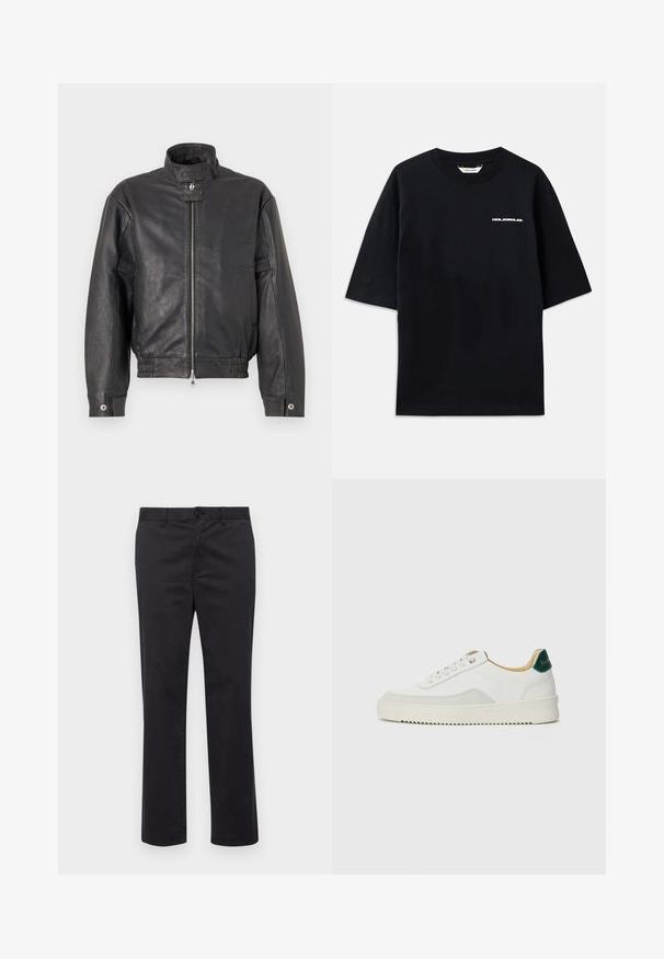 Crna kožna jakna s podignutim ovratnikom, prednjim zatvaračem na patentni zatvarač, elastičnim rubom i bočnim džepovima. Glatka tekstura s minimalnim detaljima.; Crna pamučna majica s kratkim rukavima, okruglim izrezom i malim belim logom "HOLZWEILER" sprijeda, s ležernim krojem.; Crne pamučne hlače ravnog kroja, s kopčanjem na gumb i petljama za remen. Glatka tekstura, bez vidljivih uzoraka ili akcenta.; Bijele tenisice s akcentima od antilopa, zaobljenim vrhom, ravnim vezicama i krem gumenim potplatom. Imaju zelenu oznaku na peti.