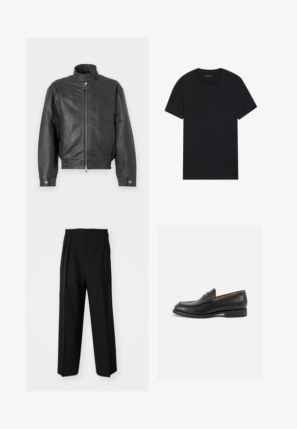 Juodas odinis švarkas su stovinčiu apykakle, priekyje užtrauktuku, elastingu apačiu ir šoninėmis kišenėmis. Lygus paviršius su minimaliu dekoru.; Juodas medvilnės marškinėliai su trumpomis rankovėmis ir apvalia iškirpte. Audinys turi lygų paviršių ir paprastą, vientisą dizainą.; Juodi klostuoti kelnių, su tiesiu, plačiu kojų dizainu. Pagaminti iš lygios medžiagos, su mygtukų uždarymu ir diržo kilputėmis.; Juodi odiniai loafersai su lygiu paviršiumi, apvaliu pirštu ir dekoratyvine siūlė viršuje. Žemas sustiprintas kulnas ir lengvas blizgesys.