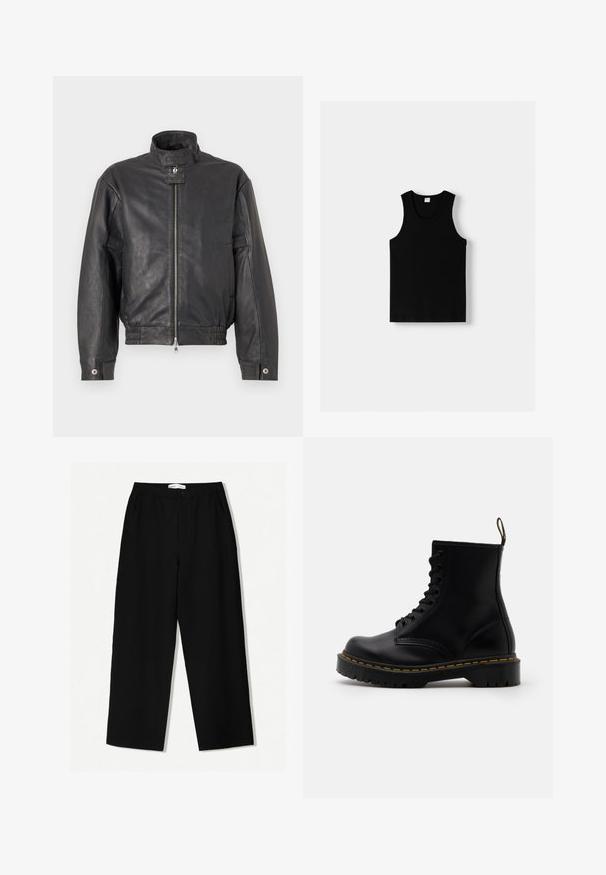 Schwarze Lederjacke mit Stehkragen, Reißverschluss vorne, elastischem Saum und Seitentaschen. Glatte Textur mit minimaler Detailgestaltung.; Schwarzes Tanktop mit Rundhalsausschnitt und breiten Schulterträgern. Aus weichem Stoff gefertigt, mit glatter Textur und schlichtem Design.; Schwarze bunte weit geschnittene Hose aus einem strukturierten Stoff, mit einem elastischen Bund und seitlichen Taschen. Einfaches, minimalistisches Design ohne Verzierung.; Schwarze Leder-Ankle-Boots mit schnürbarem Vorderteil, gelben Nähten, runder Zehenpartie und dicker, strukturierter Gummisohle.