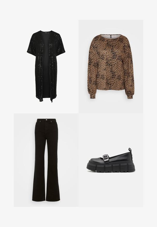 Čierny kimono kabát s flitrami, otvoreným predným dielom, krátkymi rukávmi a voľným strihom. Exteriér má žiarivú textúru a hladký interiér.; Hnedý sveter s dlhým rukávom, ktorý má čierny leopardí vzor, široký výstrih a elastické manžety. Mäkka textúrovaná látka s voľným strihom.; Čierne riflové nohavice s vysokým pásom a rozšírenými nohavicami, s gombíkovým zapínaním, bočnými vreckami a hladkou textúrou.; Čierne platformové mokasíny s okrúhlou špičkou, hladkým koženým vrchom, nastaviteľným prackovým zapínaním a textúrovanou gumovou podrážkou s horizontálnymi drážkami.