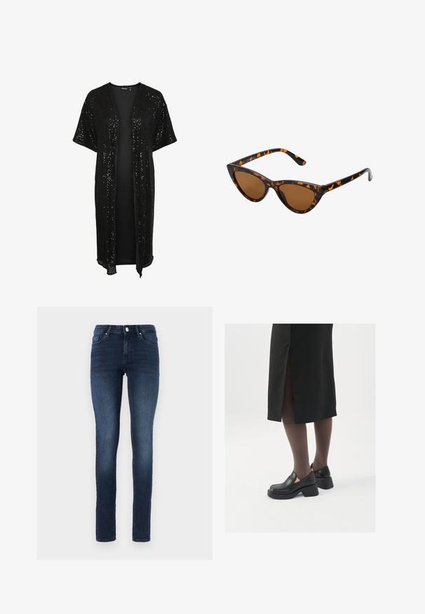 Melna sekvīru kimono jaka ar atvērtu priekšpusi, īsām piedurknēm un brīvu piegriezumu. Ārējai virsmai ir mirdzoša tekstūra, bet iekšpuse ir gluda.; Balta bezpiedurkņu topiņš no ribotā auduma, ar noapaļotu kakla izgriezumu un pieguļošu siluetu, ar minimālām šuvēm un bez rotājumiem.; Tumši zili skinny džinsi, izgatavoti no denima, ar klasisku piecu kabatu dizainu, pogu aizdari un nelielu izbalējumu uz augšstilbiem.; Melni ādas apavi ar noapaļotu purngalu, biezām bloku papēžiem un elastīgiem sānu akcentiem, apvienoti ar tumšām zeķubiksēm un melnu svārku ar šķirbu.; Kaķa acs saulesbrilles ar melnu un oranžu bruņurupuču rakstu rāmi, brūnām lēcām un elegantiem, norādītiem galiem. Rāmī ir minimālists logos uz tempļa.; Sudraba gredzenveida auskari ar savītu dizainu, kas ir ar pulētu apdari un ar aizmugurēju fiksāciju. Izmērs ir aptuveni 3 cm diametrā.