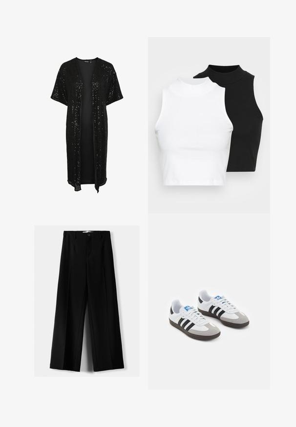 Kimono jacket nero con paillettes, con apertura frontale, maniche corte e vestibilità ampia. L'esterno presenta una texture scintillante e un interno liscio.; Due top in maglia senza maniche, a collo alto, in nero e bianco, con un design aderente e una superficie liscia, di lunghezza cropped.; Pantaloni neri a gamba larga realizzati in tessuto leggero, caratterizzati da una chiusura frontale con bottone e frontale piatto, con orli cuciti con precisione.; Scarpe sportive con tomaia in pelle bianca, punta in suede grigia e tre strisce nere. Presentano un logo blu sulla linguetta e una suola in gomma testurizzata.