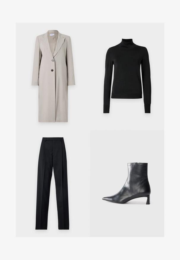 Ανοιχτό μπεζ μακρύ σακάκι από μείγμα λιναριού, με κλείσιμο ενός κουμπιού, κολάρο notch και μακριά μανίκια. Μινιμαλιστικός σχεδιασμός.; Μαύρο μακρυμάνικο πουλόβερ με ψηλή λαιμόκοψη και ριγωτές μανσέτες και τελείωμα, το οποίο είναι παρουσιασμένο σε απλή λευκή φόντο.; Μαύρο παντελόνι φτιαγμένο από λείο ύφασμα με ψηλή μέση, φαρδιές γάμπες, πλάγιες πιέτες και κλασσικές θηλιές ζώνης. Δεν υπάρχουν ορατές πλαϊνές τσέπες.; Μαύρη δερμάτινη μπότες αστραγάλου με μυτερή μύτη και κομψό σχέδιο. Διαθέτει χαμηλό τακούνι και φερμουάρ στο πίσω μέρος. Λείο υφή.