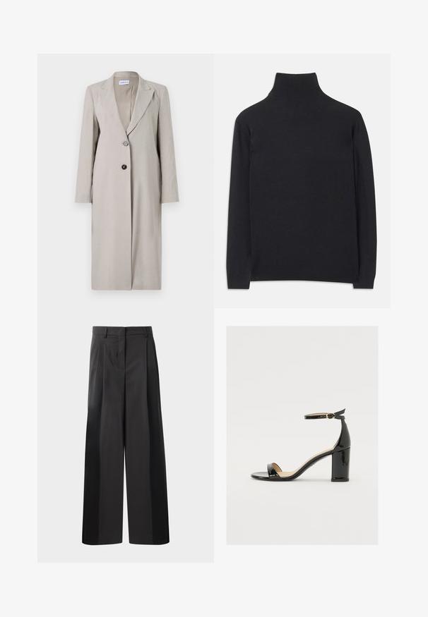 Gai krēmkrāsas garais bleizeris, izgatavots no linu auduma maisījuma, ar vienu pogu aizdari, iemācīto apkakli un garām piedurknēm. Minimālistisks dizains.; Melns augstais kakls džemperis no mīksta auduma. Tam ir garas piedurknes, augsts kakls un ribotas aproces un apakšmala, lai radītu pieguļošu izskatu.; Melni platajā kājās bikses ar augsto jostasvietu, kas ar priekšējiem krokām, gludu tekstūru un pielāgotu apdari. Veidotas relaksētai piegrieztei.; Melnas patentā ādas sandales ar platām papēžiem, atvērtu purngalu un potītes siksniņu ar zelta sprādzi. Gluda tekstūra un elegants dizains.