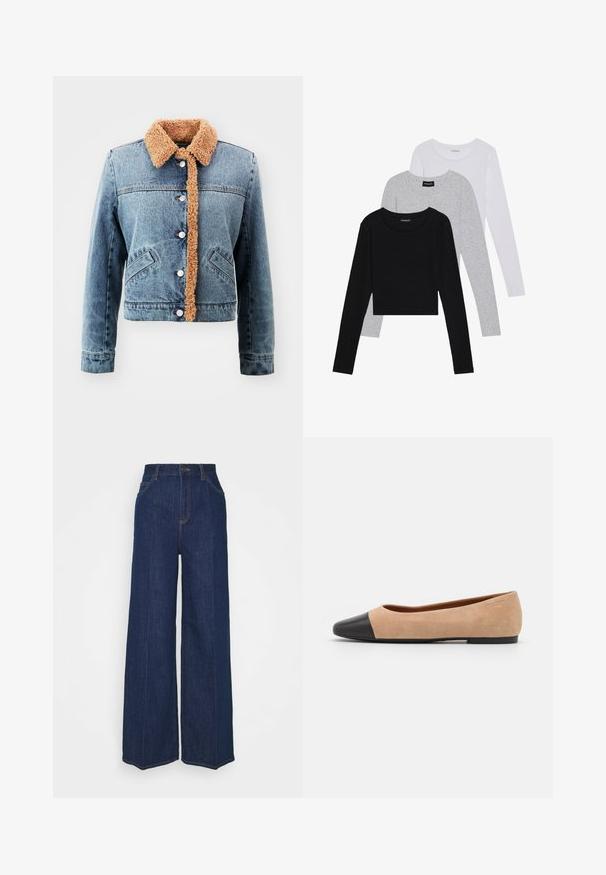 Denim jacket dengan kerah shearling tiruan berwarna tan, penutup depan dengan snap, dua saku samping, potongan crop, dan warna biru muda yang pudar.; Kolme pitkähihasta paita päällekkäin: musta, harmaa ja valkoinen. Jokaisessa on pyöreä pääntie ja lyhennetty muotoilu, jossa on sileä ja kevyt kangas.; Tummat siniset farkut, joissa on korkea vyötärö ja leveät lahkeet, etu- ja takataskut, nappisulku ja näkyvät ompeluyksityiskohdat.; Beige mokkasiner i semsket skinn med svart lær ved tuppen, lav hæl og glatt tekstur, med minimal søm og et rent design.