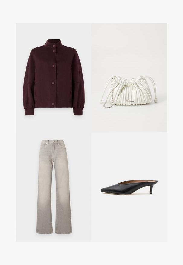 Veste en laine boutonnée de couleur violet foncé avec un col haut, des manches longues légèrement bouffantes et des poignets ajustés sur fond blanc.; Pull court en maille noire à manches courtes avec un col rond et un ourlet côtelé. Texture lisse avec une coupe décontractée. Design minimaliste.; Jean large gris avec une finition délavée, fermeture à bouton, design à cinq poches et coutures conçues le long des coutures.; Mules en cuir noir avec un bout pointu et un petit talon carré. Texture lisse avec un design épuré. Dos ouvert avec un minimum de détails.; Sac à main plissé blanc en matériau doux. Il dispose d'une fermeture à cordon, de poignées tressées et d'un accent en métal argenté.