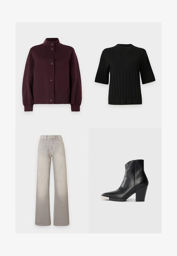 Sötétlila gombos gyapjúdzseki magas gallérral, hosszú, enyhén puffos ujjakkal és szűkített mandzsettával, fehér háttéren.; Fekete, rövid ujjú pulóver bordás textúrával és magas nyakkivágással, függőleges vonalakkal és testhezálló siluettel.; Szürke, bőszárú farmernadrág elhalványodott hatással, gombos záródással, öt zsebes kialakítással és varrással díszített varratokkal.; Fekete bőrből készült boka csizma hegyes orral, magas blokk sarkal és ezüst színű orrvezető részlettel. Simaság és egyszerű dizájn jellemzi.