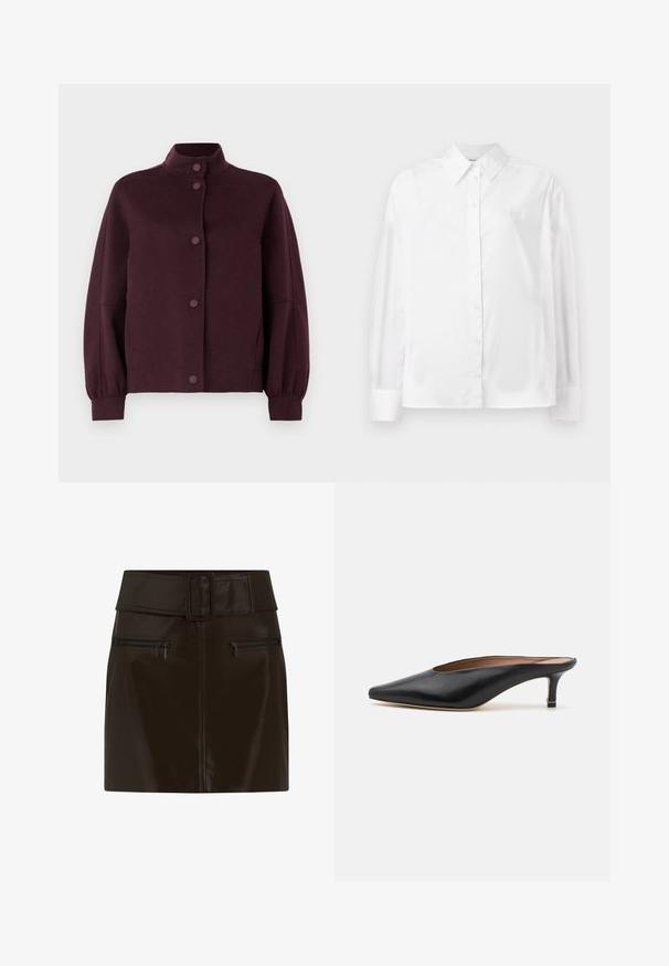 Donkerpaars wollen jack met knoopjes, hoge kraag, lange iets puffende mouwen en aansluitende manchetten op een witte achtergrond.; Witte langemouwige button-up shirt in een gladde katoenmix. Voorzien van een klassieke kraag, een knoopsluiting aan de voorkant en afgeronde manchetten.; Bruine faux leren mini rok met een brede tailleband, vierkante gesp en twee ritszakken aan de zijkanten. Glad, glanzend textuur.; Zwarte leren muiltjes met een puntige neus en een lage, blokhak. Glad oppervlak met een gestroomlijnd ontwerp. Open achterkant met minimale details.