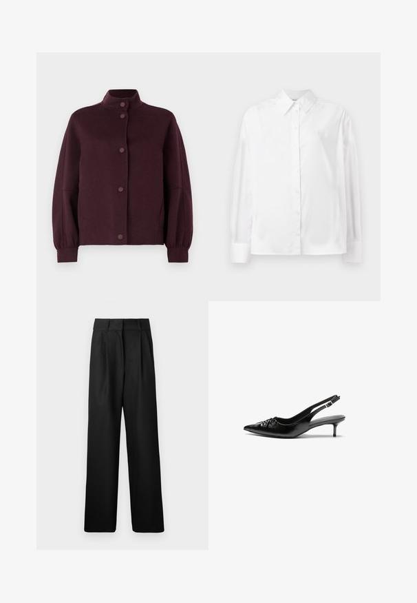 Sötétlila gombos gyapjúdzseki magas gallérral, hosszú, enyhén puffos ujjakkal és szűkített mandzsettával, fehér háttéren.; Fehér, hosszú ujjú, gombos ing sima pamut keverékből. Klasszikus gallérral, elöl gombos záródással és lekerekített mandzsettával rendelkezik.; Fekete, bő szárú nadrág sima textúrával, elől redőzött és magasan ülő derékkal. Könnyű anyagból készült.; Fekete bőrből készült, pántos magassarkú cipő hegyes orral, alacsony cicás sarokkal, és fodros részlettel a lábfején. Simább felület és minimalista design.
