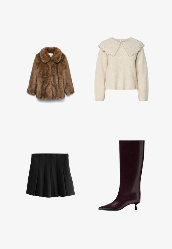 Smešak od smešak u smešnoj boji s dugim rukavima i širokim ovratnikom, prikazan na jednostavnoj bijeloj pozadini.; Svijetlosmeđi pulover s oštrim ovratnikom i srebrnim perlicama. Izrađen od teksturirane, mekane tkanine. Ima duge rukave i ležeran kroj.; Crna mini suknja na plisiranje s glatkim pojasom i strukturiranim obrnutim kutnim plisama, izolirana na bijeloj pozadini.; Čizmice od bordo kože do koljena s glatkom, teksturiranom završnom obradom, šiljastim nožnim dijelom i tankim, složenim potplatom za dodatnu visinu.