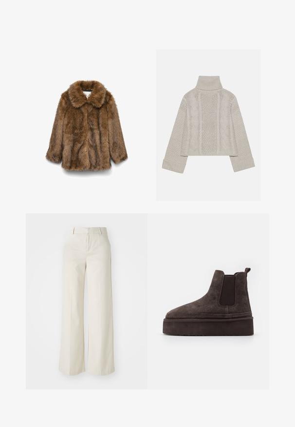 Brun kunstpelsjakke med lange ermer og bred krage, vist på en enkel hvit bakgrunn.; Kuttet, lys grå strikkegenser med høy krage og ribbede mansjetter, med teksturerte kabelmønstre nedover baksiden og sidene.; Bredde bukser i en lys beige farge, laget av et glatt stoff. Har en klassisk linning og flat front med rene linjer.; Brune sømde Chelsea støvler med elastiske sidepaneler og en tykk, teksturert plattformsåle. Har en pull-tab bak for enkel påføring.