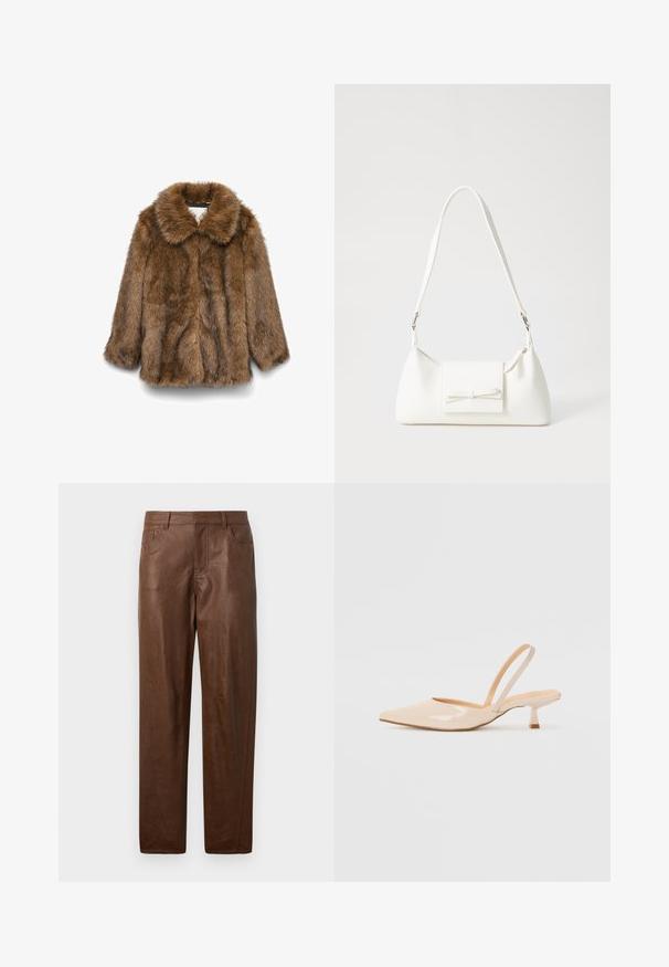 Casaco de pelo sintético castanho, com mangas longas e colarinho largo, exposto sobre um fundo branco liso.; Camisa branca com um decote em V profundo, mangas longas e bufantes, cintura elástica e detalhes de bordado floral. Apresenta um fecho de laço nas costas.; Calças de couro castanho com uma textura suave, design de perna reta e dois bolsos laterais. Apresenta detalhes de costura visíveis.; Saltos slingback em couro sintético bege com bico apontado e um salto quadrado fino. Textura suave e design minimalista sem embellishments.; Mala sintética branca com formato triangular, aba frontal plana e detalhe de laço, alça ajustável, textura suave e design minimalista.