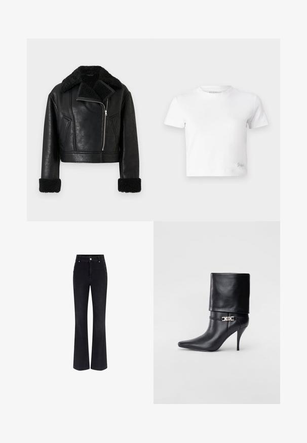 Crna skraćena jakna od umjetne kože s krznom od ovce na ovratniku i manžetama, prednjim dijagonalnim zatvaračem i dva kosi bočna džepa.; Bijela skraćena majica izrađena od glatkog pamuka, s visokim izrezom i kratkim rukavima. Mali izvezeni logo u donjem kutu.; Crne traperice s širokim nogavicama koje imaju visoki struk, dizajn s pet džepova i metalne gumbe sa strane. Glatka tekstura i klasični kroj.; Crna kožna gležnjača s šiljastim prstom, visokim stiletto potplatom, preklopnim rubom i zlatnom dekorativnom kopčom na gležnju.