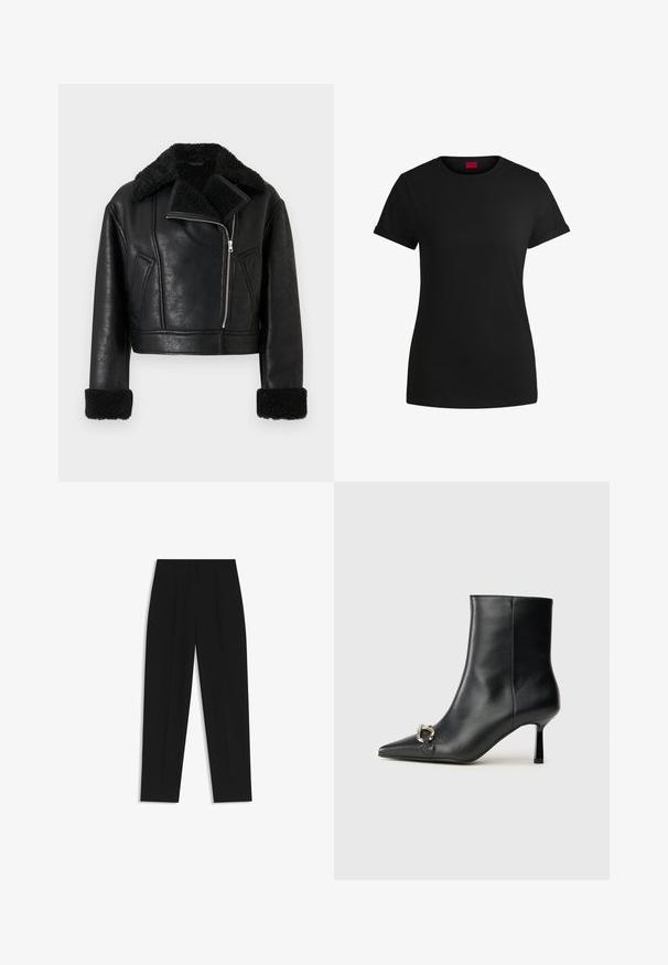 Zwarte cropped faux leren jas met schapenvachtkraag en -manchetten, diagonale ritssluiting aan de voorkant en twee schuin geplaatste zijzakken.; Zwart katoenen T-shirt met korte opgerolde mouwen, een ronde halslijn en een rood label. Glad textuur, aansluitende pasvorm met minimale details.; Zwarte broeken met een rechte pasvorm, voorzien van dubbele plooien, een zachte textuur en een klassiek taillebandontwerp. Geen zichtbare hardware of accenten.; Zwarte leren enkelboot met spitse neus, slanke middenhoge hak en zilveren gespdetail aan de zijkant op een effen achtergrond.