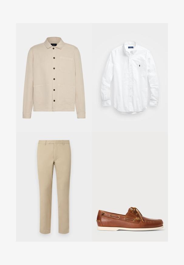Beżowa bawełniana kurtka z kołnierzykiem, zapinana na guziki, z dwiema dużymi kieszeniami naszywanymi i długimi rękawami. Posiada ciemne guziki i luźny krój.; Biała, bawełniana koszula z długim rękawem zapinana na guziki. Posiada klasyczny kołnierzyk, mankiety zapinane na guziki oraz małe, granatowe, haftowane logo na klatce piersiowej.; Beżowe spodnie bawełniane o prostym kroju, z paskami do pasa, gładkim przodem i wykończonymi nogawkami. Gładka tekstura i minimalne detale.; Brązowe skórzane buty żeglarskie z sznurowaniem, złotymi oczkami i kremową gumową podeszwą. Zaprojektowane z wypukłym wzorem szwów na czubku.
