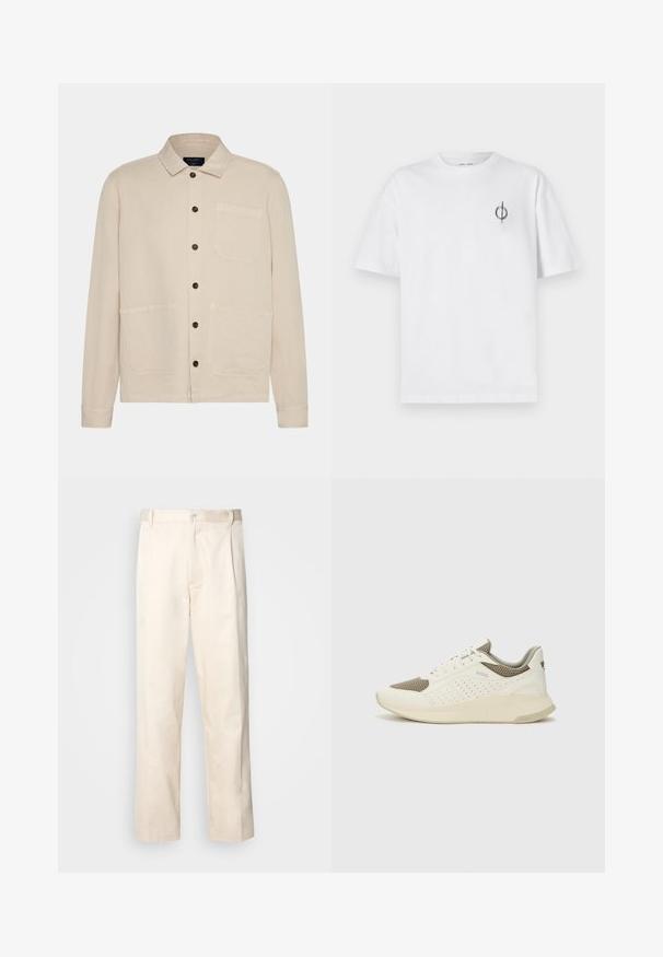 Giacca in cotone beige con colletto, chiusura a bottoni, due grandi tasche a toppa e maniche lunghe. Presenta bottoni scuri e una vestibilità comoda.; T-shirt in cotone bianco con vestibilità rilassata, presenta un piccolo logo grafico nero nella zona sinistra del petto. Maniche corte, collo a giro.; Pantaloni in cotone beige con taglio dritto, dotati di chiusura a bottone e pence sul davanti per un tocco di dettaglio in più.; Sneaker atletica bianca e beige chiaro, con tomaia in mesh, dettagli perforati e una suola intermedia texturizzata con marchio sul tallone.