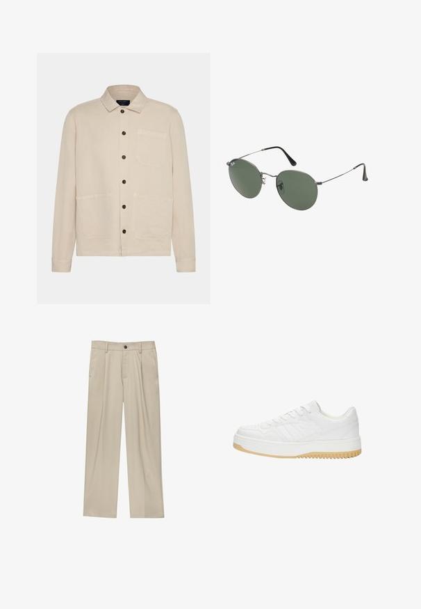 Giacca in cotone beige con colletto, chiusura a bottoni, due grandi tasche a toppa e maniche lunghe. Presenta bottoni scuri e una vestibilità comoda.; Polo bianco in cotone, con colletto classico, maniche corte e un piccolo logo navy sul lato sinistro del petto. Placca con due bottoni.; Pantaloni beige a taglio dritto, con un solo bottone nero, passanti per la cintura e tasche laterali. Tessuto dalla texture liscia e design minimale.; Sneaker bianco in pelle con finitura testurizzata, dotata di suola in gomma, design con lacci e sottili accenti a strisce sui lati.; Occhiali da sole con montatura in metallo e lenti verdi ovali. Montatura sottile in metallo argento e terminali neri. Design minimalista, senza loghi visibili.