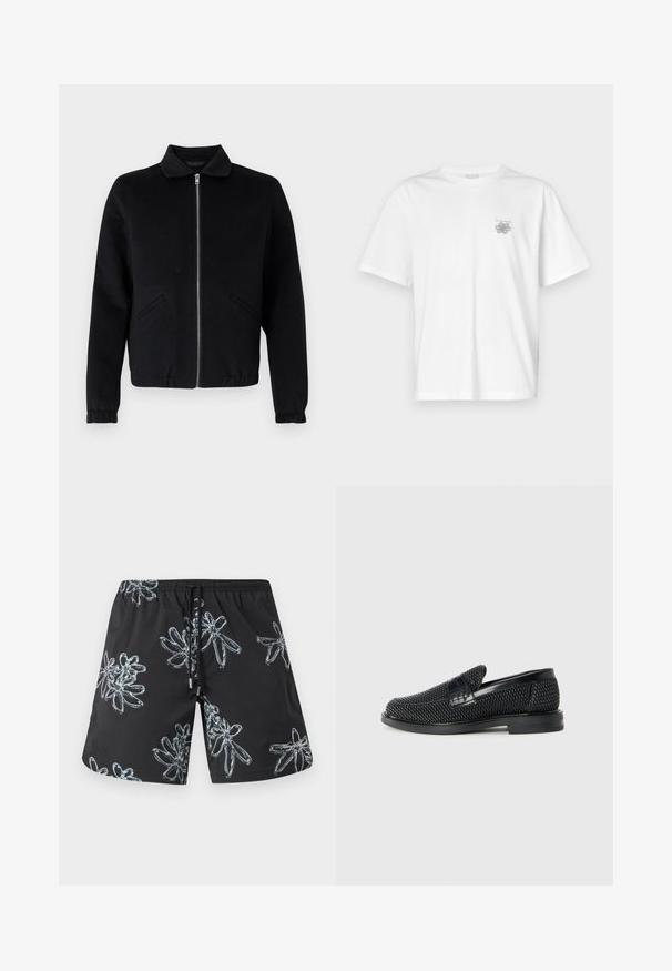 Μαύρο μπουφάν με φερμουάρ, γιακά με γιακά, πλαϊνές τσέπες, ριμπ μανσέτες και λεία υφή υφάσματος. Απλός, δομημένος σχεδιασμός.; Λευκό μπλουζάκι από βαμβάκι με κοντά μανίκια, στρογγυλή λαιμόκοψη και μικρό γκρίζο λογότυπο στην αριστερή περιοχή του στήθους. Λείο υφασμά.; Μαύρες μαγιό κοντές βερμούδες με γυαλιστερό floral σχέδιο σε ανοιχτό γκρι. Ελαστική μέση με κορδόνι και λεπτομέρεια λογότυπου στη δεξιά κάτω γωνία.; Μαύρο πλεκτό παπούτσι slip-on με λείο δερμάτινο στοιχείο στο άνω μέρος, στρογγυλή μύτη και χαμηλό καουτσούκ πάτο.