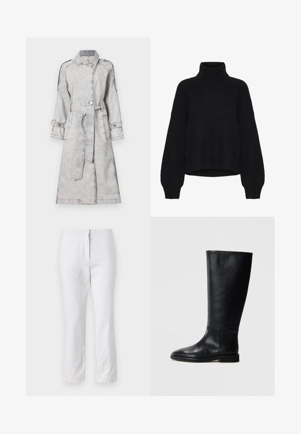 Hallhalli denimmerkkega, millel on vööd ja pikad varrukad, ning nööbid. Omab klassikalist kraed ja dekoratiivseid õlavarrepolste.; Must turtlenecki, millel on lühike disain ja mis on valmistatud kohevast kangast. Omab laiu varrukaid ja ribakujundust krael.; Valged puuvillased püksid sirge lõikega, keskmise kõrgusega vöökoht ja ilma nähtavate detailide või mustriteta. Ühtlane sile tekstuur.; Mustadast mustad nahast põlve kõrgus kingad, ümarate varvastega, siledast tekstuurist, minimalistlikus disainis ja lame tallaga. Lihtsad õmbluse detailid varrel.