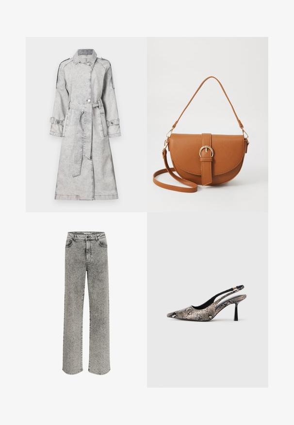 Hallhalli denimmerkkega, millel on vööd ja pikad varrukad, ning nööbid. Omab klassikalist kraed ja dekoratiivseid õlavarrepolste.; Mustmust piiriga must tipp, mis on valmistatud pehmest kangast, twistitud disainiga, kogutud detailidega taljes ning kõrge kaeluse ja aasaga lõpetusega.; Halli teksased otse jalaga disainiga, kaunistatud hõbedaste nuppega. Omab klassikalist viit taskut ja nupuga sulgemist.; Kitsas varvusega slingback kingad, mis on valmistatud tekstuuriga maosarnase materjali toel, omavad saledat musta kõrget kontsa ja lõikega disaini külgedel.; Pruun nahast õlakott, millel on kumer kuju, kullavärvi riistvara ja pandlaga kaunistus. Omab eemaldatavat õlarihma.