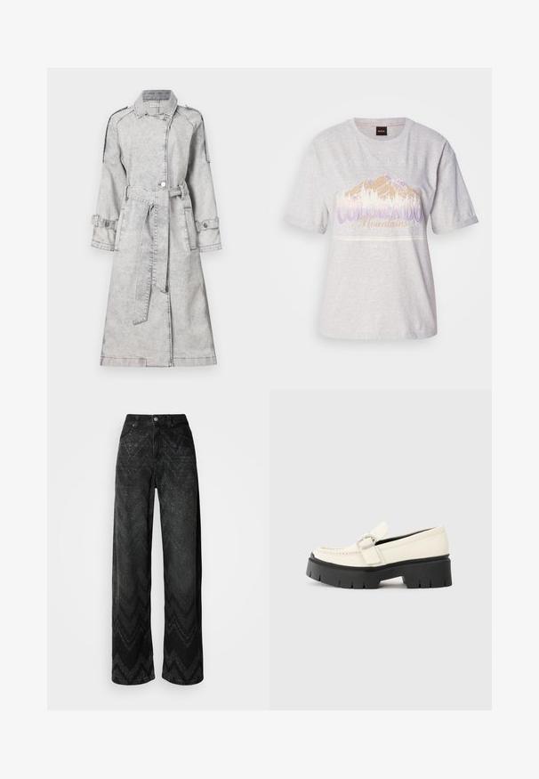 Pelēka džinsu mēteles ar jostu viduklī, garām piedurknēm un pogām. Iekļauj klasisku apkakli un dekoratīvas plecu epauletes.; Gai pelēkas krāsas kokvilnas t-krekls ar īsām piedurknēm, uz kura ir kalnu grafika un uzraksts purpura un bēšā krāsā. Apaļš kakla izgriezums, brīvs piegriezums.; Plašas melnas džinsus ar zigzaga tekstūras rakstu. Izgatavots no denima, ar pogu aizdari un divām priekšējām kabatām.; Baltā ādas loafera ar masīvu melnu platformu, ar taisnstūra sudraba sprādzi un redzamām šuvām augšējā daļā.