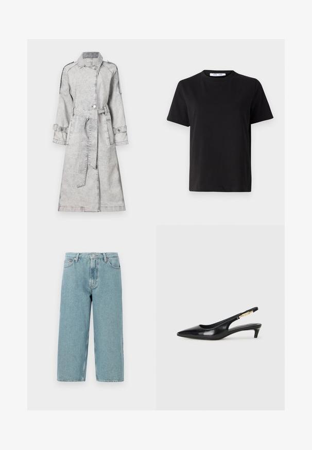 Sivý denimový trenčkot s opaskom v páse, dlhými rukávmi a gombíkovou výzdobou. Obsahuje klasický golier a ozdobné ramenné epaulety.; Čierne tričko s krátkym rukávom vyrobené z mäkkej bavlny, s okrúhlym výstrihom, uvoľneným strihom a hladkou štruktúrou. Žiadne viditeľné vzory ani grafika.; Svetlomodré džínsové kraťasy s vysokým pásom, priame strih a nerovný lem. Obsahujú klasické zapínanie na gombík a zips, štyri vrecká.; Čierne kožené slingback opätky s špicatou špičkou, s úzkym opätkom a zlatým detailom na nastaviteľnom remienku. Hladká textúra.