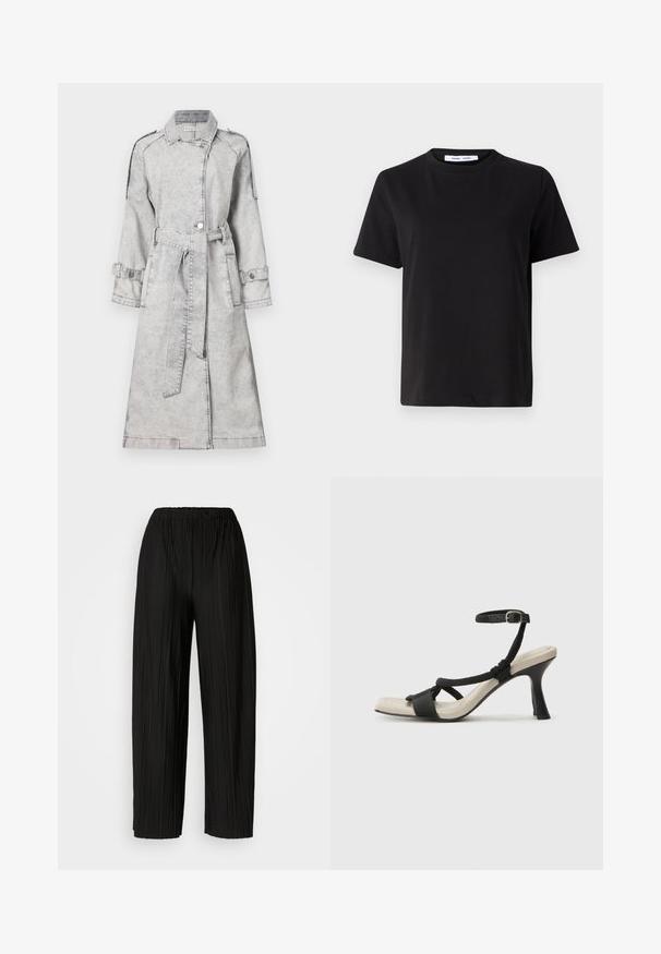 Hallhalli denimmerkkega, millel on vööd ja pikad varrukad, ning nööbid. Omab klassikalist kraed ja dekoratiivseid õlavarrepolste.; Must have lühikeste varrukatega t-särk, mis on valmistatud pehmest puuvillast, ümmarguse kaelusega, lõdva sobivusega ja sileda tekstuuriga. Ei ole nähtavaid mustreid ega graafikat.; Mustad voodri laiad püksid elastse vöökoha ja vertikaalsete volangidega, millel on sile tekstuur.; Mustad musta kontsaga sandaal, millel on punutud rihma disain, ruudukujuline varvas ja reguleeritav pahkluu rihm. Heleda beeži värvi jalapadi ja läikiv must konts.