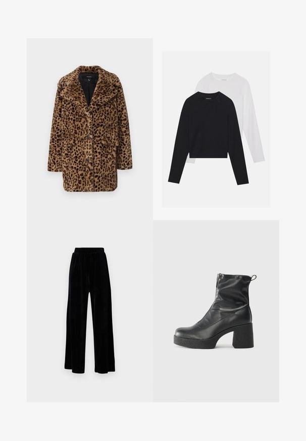 Kaput s faux krznom sa leopard uzorkom, sa reverima, tri gumba sprijeda i dva bočna džepa. Mekana tekstura u smešnim i crnim nijansama.; Dvije majice dugih rukava: jedna crna i jedna bijela. Obje imaju okrugli izrez, raglan rukave i mekani pamuk korišten za izradu.; Crne široke hlače od mekanog velura, s elastičnim pojasom i glatkom teksturom, bez vidljivih detalja ili uzoraka.; Crne gležnjače od glatke kože, s bočnim zatvaračem, debelim teksturiranim potplatom i dizajnom s zaobljenim prstima.