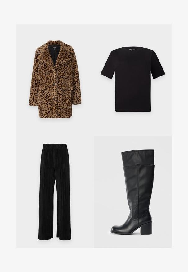 Sztuczny futrzany płaszcz w panterkę z kołnierzem w stylu lapel, trzema guzikami z przodu oraz dwiema bocznymi kieszeniami. Miękka faktura w odcieniach brązu i czerni.; Czarna koszulka z krótkim rękawem o okrągłym dekolcie, wykonana z miękkiej bawełny. Prosty design, bez widocznych logo ani wzorów.; Czarne spodnie plisowane z elastycznym paskiem w talii. Posiadają szerokie nogawki oraz gładki, teksturowany materiał z pionowymi paskami.; Czarnie skórzane kozaki do kolan z blokowym obcasem, gładką teksturą i detalami przeszycia wzdłuż boków. Prosty i nowoczesny design.