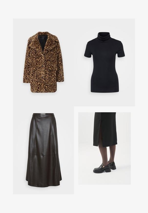 Leopardprint faux fur frakke med reverskrave, tre frontknapper og to sidelommer. Blød tekstur i brune og sorte nuancer.; Sorte ribbede turtleneck top, korte ærmer, tætsiddende design, blød tekstur, minimale sømme og en høj krave.; Sort læder midi-skjørt med en glat tekstur, flagrende design og vertikale sømdetaljer, der har en tætsiddende talje og en subtil A-form.; Sorte lædersko med rund tå, kraftig blokhæl og elastiske sideaccentuer, parret med mørke strømpebukser og en sort nederdel med slids.