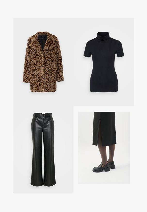 Leopardmønster faux fur kåpe med krage, tre frontknapper og to sidelommer. Myk tekstur i brune og svarte nyanser.; Svart ribbet høyhalset topp, kort ermer, tettsittende design, myk tekstur, minimale sømmer og høy krage.; ONLY Tall ONLSMOOTH WIDE - Bukse - black; Sorte lærersko med rund tå, tykk blokkheel og elastiske sideaksenter, sammen med mørke strømpebukser og et svart skjørt med splitt.